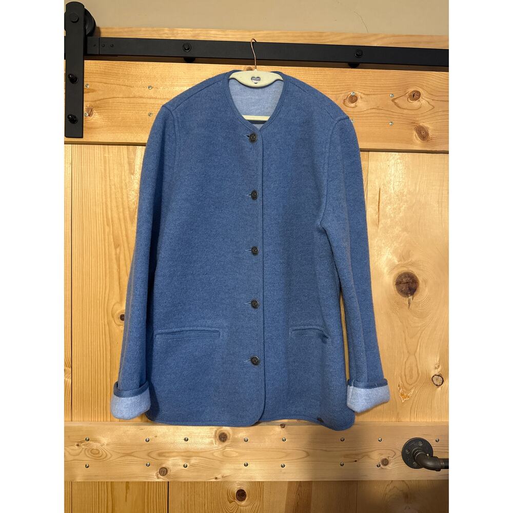 Giesswein Austria Boiled Wool Cardigan Jacket Sz 12 Light Blue Embossed Button